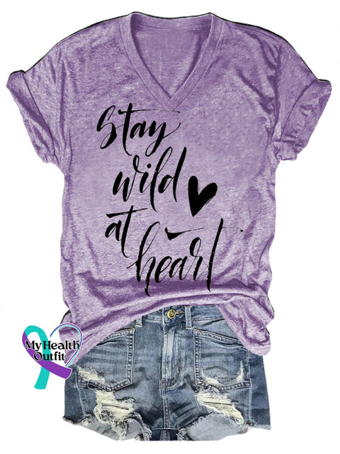 Stay Wild At Heart Casual V-Neck Short Sleeve T-Shirt Purple / S