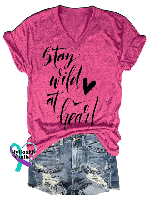 Stay Wild At Heart Casual V-Neck Short Sleeve T-Shirt RoseRed / S