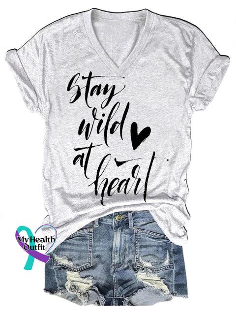 Stay Wild At Heart Casual V-Neck Short Sleeve T-Shirt White / S