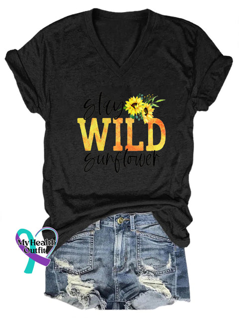 Stay Wild Sunflower Print Casual V-Neck Short Sleeve T-Shirt Black / S
