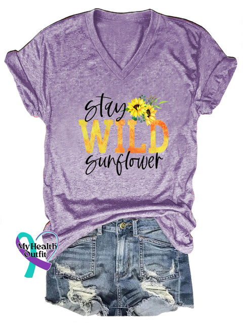 Stay Wild Sunflower Print Casual V-Neck Short Sleeve T-Shirt Purple / S