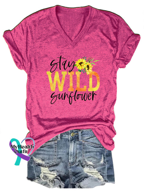 Stay Wild Sunflower Print Casual V-Neck Short Sleeve T-Shirt RoseRed / S