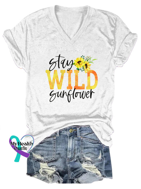 Stay Wild Sunflower Print Casual V-Neck Short Sleeve T-Shirt White / S