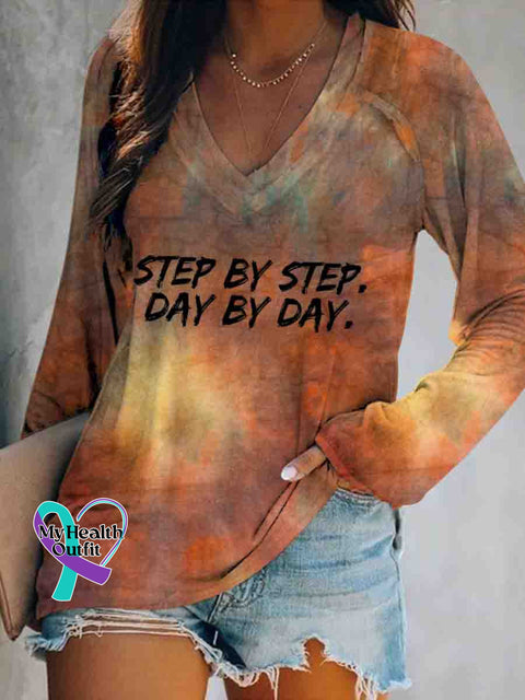 Step By Step Day By Day V Neck Long Sleeve Tops Multicolor / S