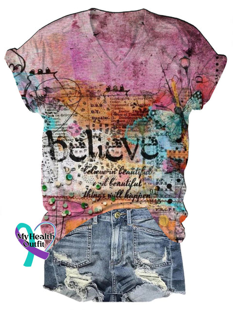 Street Graffiti Gradient Believe Print Casual V-Neck Short Sleeve T-Shirt Multicolor / S