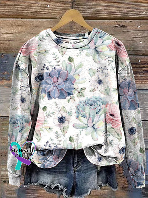 Succulent Plant Decorative Pattern Casual Sweatshirt Multicolor / S