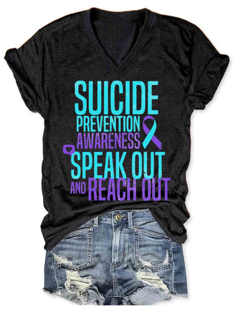Suicide Awareness Art V-neck Casual T-Shirt Balck / S