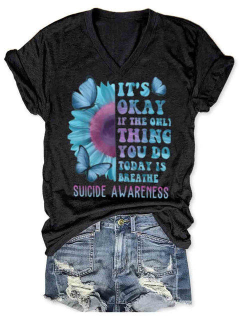 Suicide Awareness Art V-neck Casual T-Shirt Balck / S