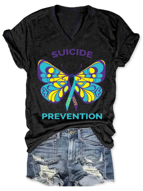 Suicide Awareness Art V-neck Casual T-Shirt Balck / S