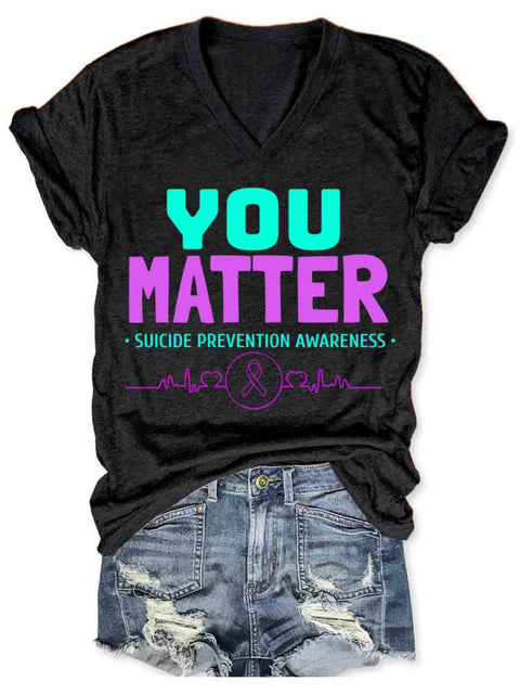 Suicide Awareness Art V-neck Casual T-Shirt Balck / S