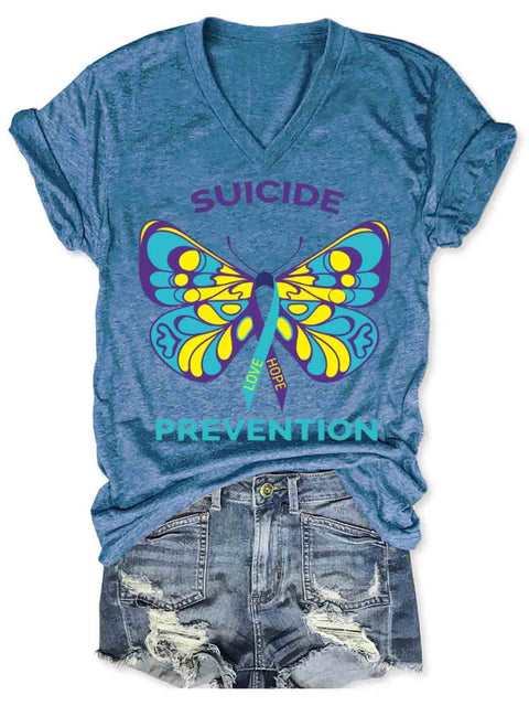 Suicide Awareness Art V-neck Casual T-Shirt Blue / S