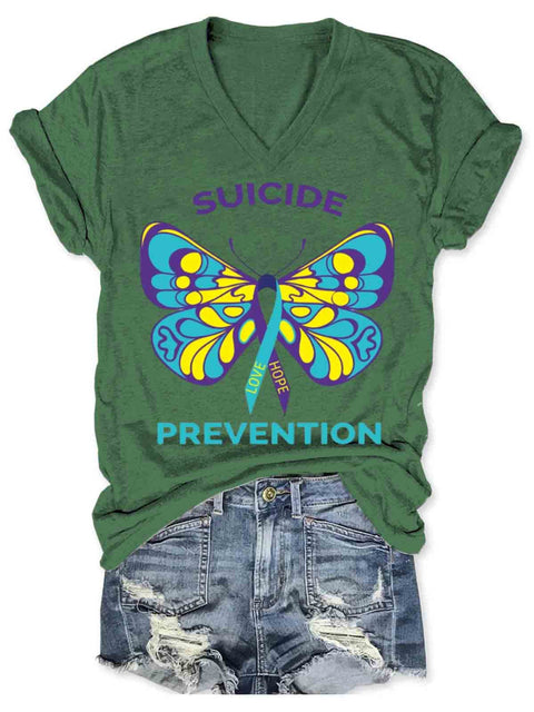 Suicide Awareness Art V-neck Casual T-Shirt Green / S