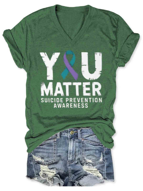 Suicide Awareness Art V-neck Casual T-Shirt Green / S