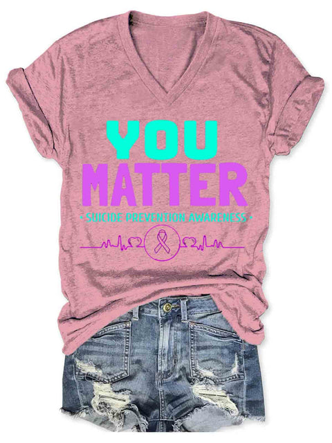 Suicide Awareness Art V-neck Casual T-Shirt Pink / S