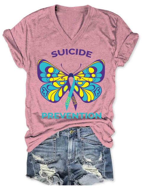 Suicide Awareness Art V-neck Casual T-Shirt Pink / S