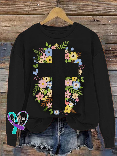 Suicide Awareness Cross Flower Art Print Pattern Casual Sweatshirt Black / S