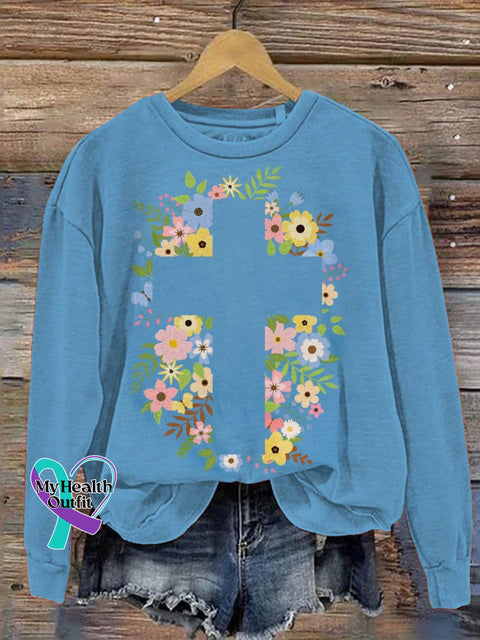 Suicide Awareness Cross Flower Art Print Pattern Casual Sweatshirt Blue / S