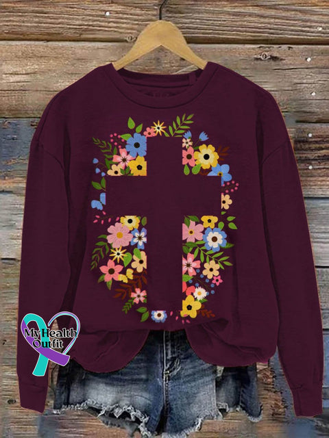 Suicide Awareness Cross Flower Art Print Pattern Casual Sweatshirt Dark Red / S