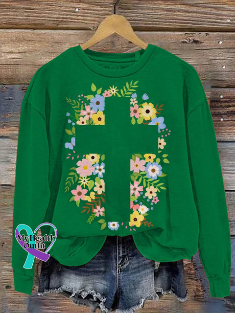 Suicide Awareness Cross Flower Art Print Pattern Casual Sweatshirt Green / S