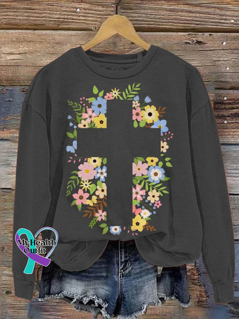 Suicide Awareness Cross Flower Art Print Pattern Casual Sweatshirt Grey / S