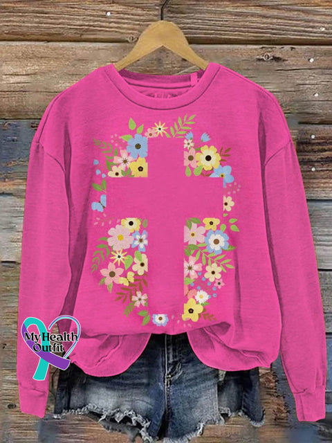 Suicide Awareness Cross Flower Art Print Pattern Casual Sweatshirt Pink / S