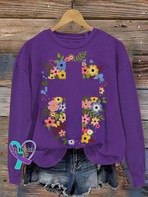 Suicide Awareness Cross Flower Art Print Pattern Casual Sweatshirt Purple / S