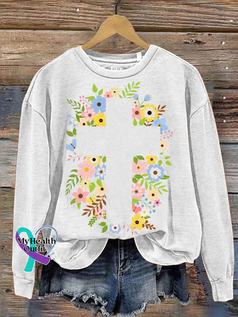 Suicide Awareness Cross Flower Art Print Pattern Casual Sweatshirt White / S