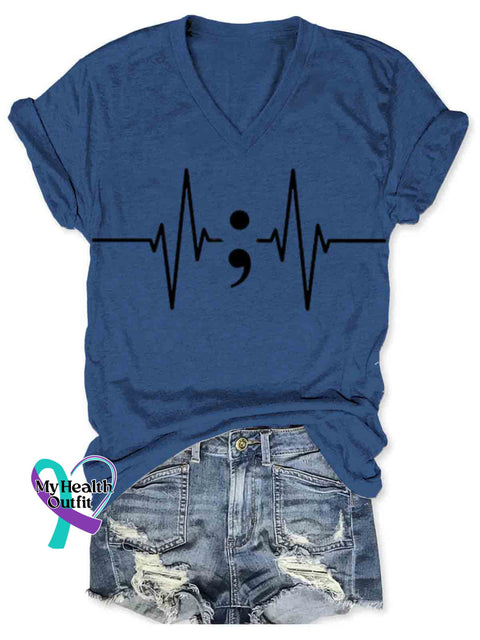 Suicide Awareness Semicolon Art Women’s V-neck Casual T-Shirt Blue / S
