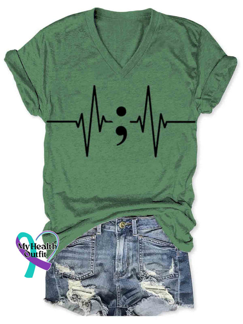 Suicide Awareness Semicolon Art Women’s V-neck Casual T-Shirt Green / S