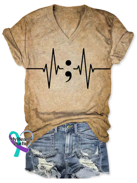 Suicide Awareness Semicolon Art Women’s V-neck Casual T-Shirt Khaki / S