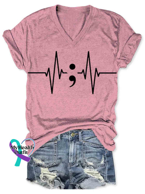 Suicide Awareness Semicolon Art Women’s V-neck Casual T-Shirt Pink / S
