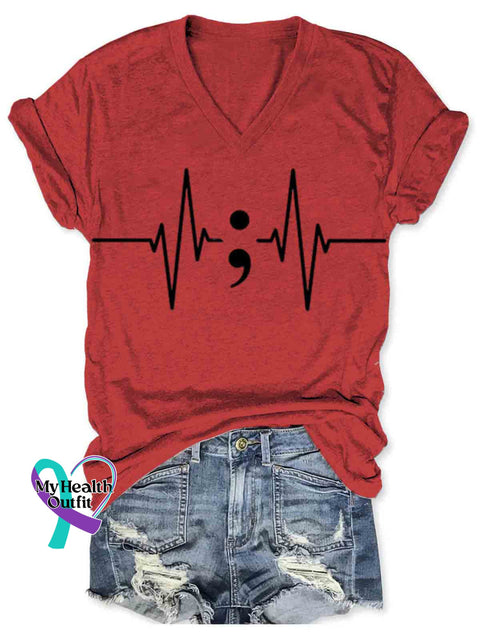Suicide Awareness Semicolon Art Women’s V-neck Casual T-Shirt Red / S