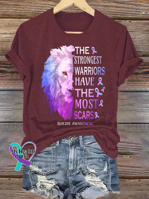 Suicide Prevention Awareness Lion Print Casual Crew Neck Short Sleeve T-Shirt Brown / S