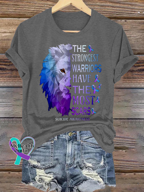 Suicide Prevention Awareness Lion Print Casual Crew Neck Short Sleeve T-Shirt Grey / S