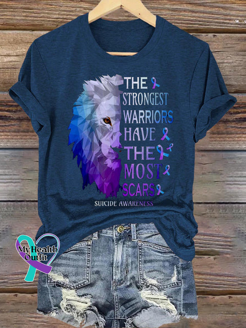 Suicide Prevention Awareness Lion Print Casual Crew Neck Short Sleeve T-Shirt NavyBlue / S