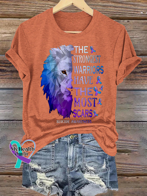 Suicide Prevention Awareness Lion Print Casual Crew Neck Short Sleeve T-Shirt Orange / S