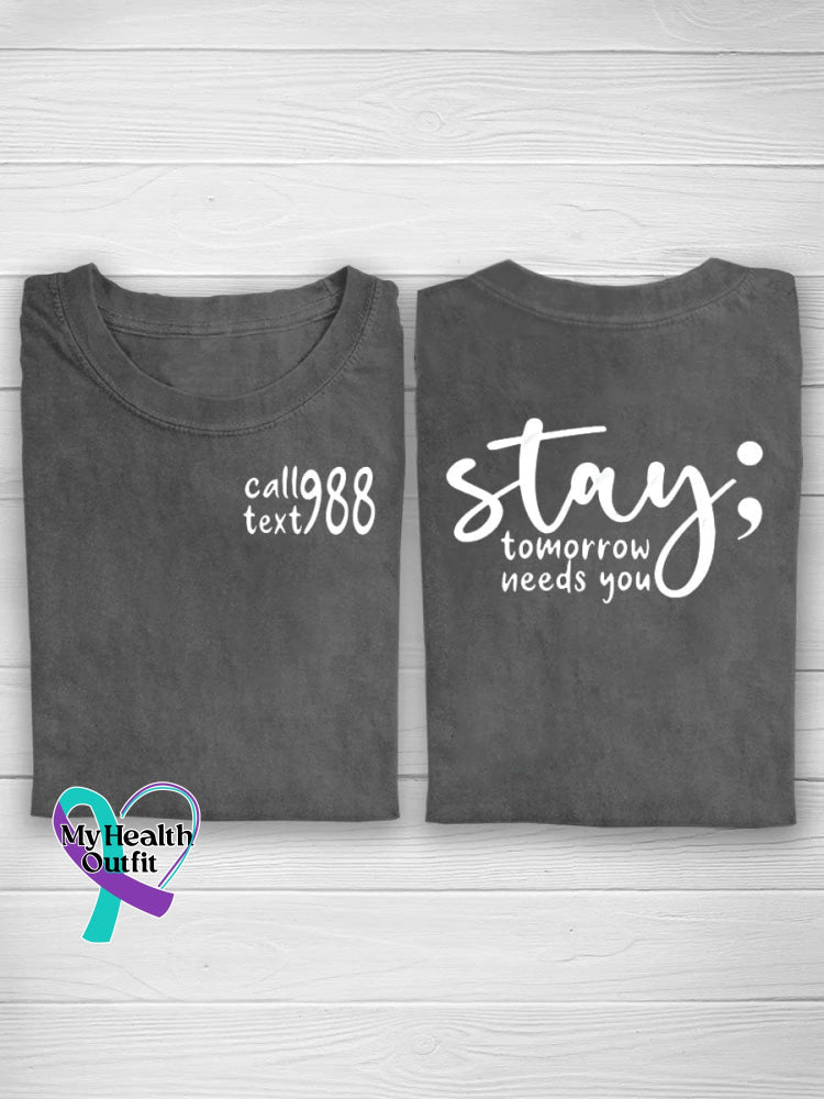 Suicide Prevention Awareness Semicolon Stay Call 988 Print T-Shirt Gray / S