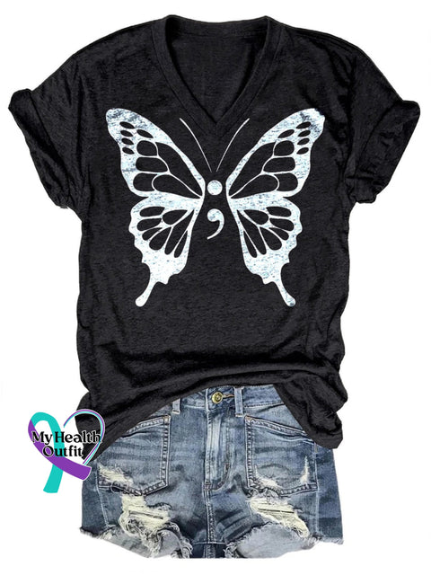 Suicide Prevention Butterfly Print V-Neck Short Sleeve Black / S