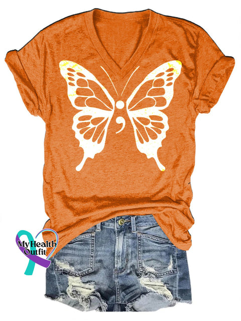 Suicide Prevention Butterfly Print V-Neck Short Sleeve Orange / S