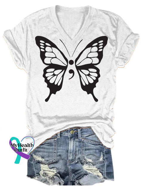 Suicide Prevention Butterfly Print V-Neck Short Sleeve White / S