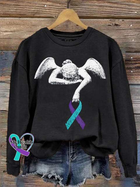 Suicide Prevention Mental Health Awareness Inspirational Angel Ribbon Casual Print Sweatshirt Black
