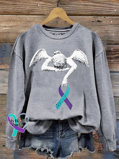 Suicide Prevention Mental Health Awareness Inspirational Angel Ribbon Casual Print Sweatshirt Gray