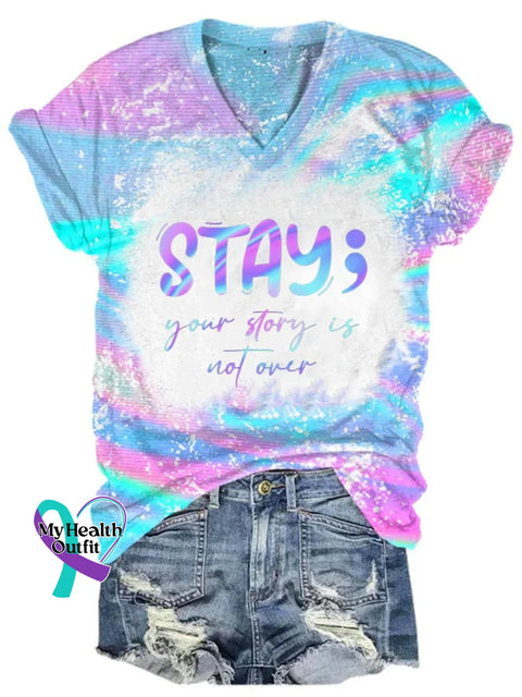 Suicide Prevention Mental Health Awareness Inspirational Stay Semicolon Casual Print T-Shirt