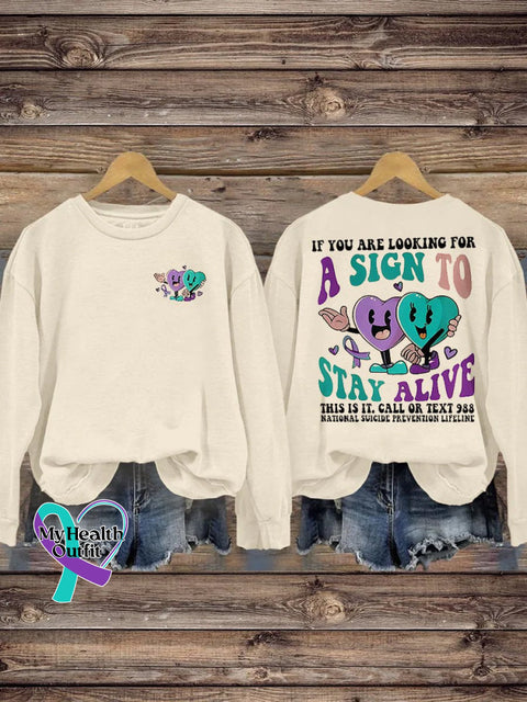 Suicide Prevention Stay Alive 988 Casual Print Sweatshirt Beige / S