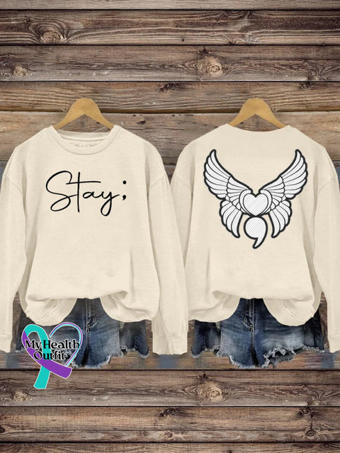 Suicide Prevention Stay Semicolon Wing Casual Print Sweatshirt Beige / S