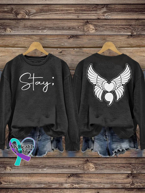 Suicide Prevention Stay Semicolon Wing Casual Print Sweatshirt Black / S