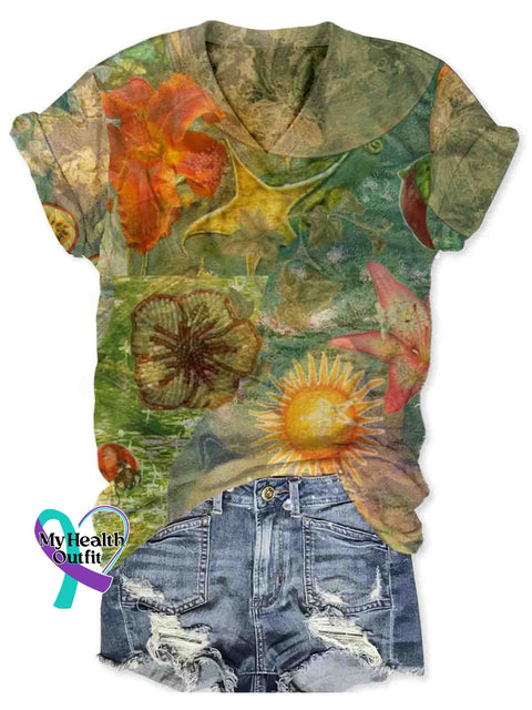 Summer Fruit Art V-neck Casual T-Shirt Multicolor / S