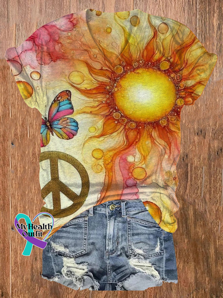 Sun Butterfly Peace Symbol Print Casual V-Neck Short Sleeve T-Shirt Multicolor / S