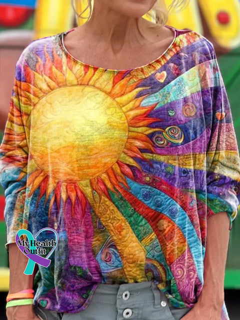 Sun Floral Art Print Casual Long Sleeve T-shirt Multicolor / S