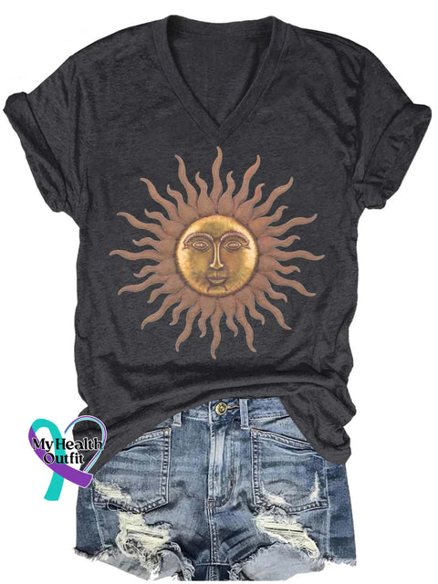 Sun God Pattern Art Print Casual T-Shirt Black / S